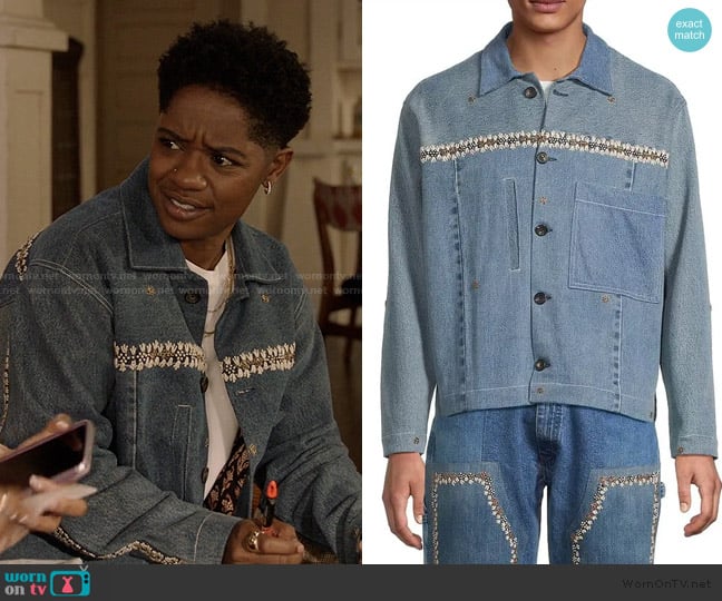 Kartik Research Embroidered spread-collar relaxed-fit denim jacket worn by Tamia Cooper (Bre Z) on All American