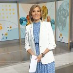 Kate Snow’s blue floral print dress and blazer on NBC News Daily