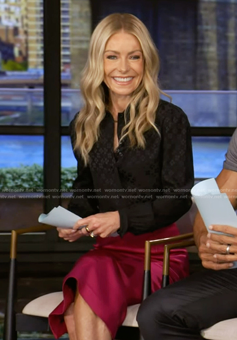 Kelly’s black monogram blouse and skirt on Live with Kelly and Mark