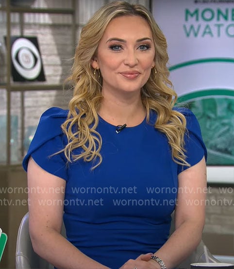 Kelly O’Grady’s blue short sleeve sheath dress on CBS Mornings