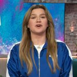 Kelly’s blue bomber jacket on The Kelly Clarkson Show