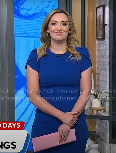 Kelly O’Grady’s blue short sleeve sheath dress on CBS Mornings