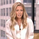 Kelly’s satin tie neck blouse on Live with Kelly and Mark