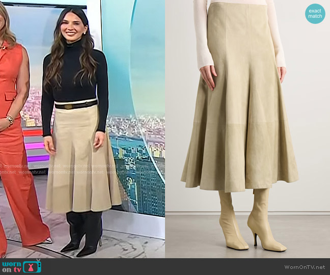 Khaite Lenno Suede Midi Skirt in Beige worn by Olivia Munn on Today