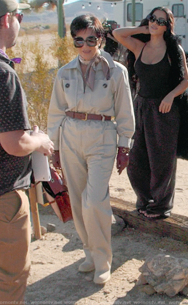 Kris’s khaki utility jumpsuit on The Kardashians