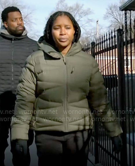 Kiana’s olive green puffer jacket on Chicago PD