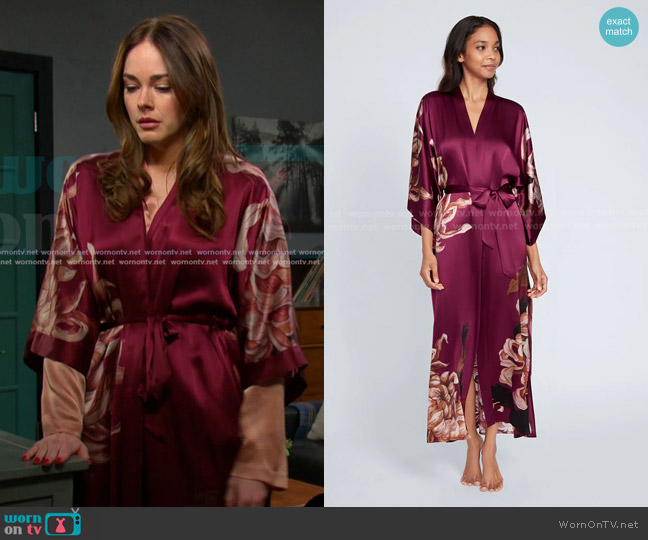 Kim + Ono Silk Kiku Long Kimono Robe in Wine worn by Stephanie Johnson (Abigail Klein) on Days of our Lives