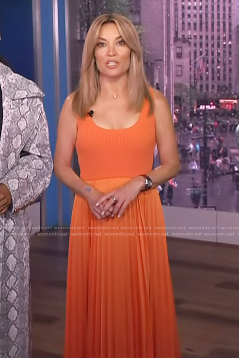 Kit Hoover’s orange pleated dress on Access Hollywood