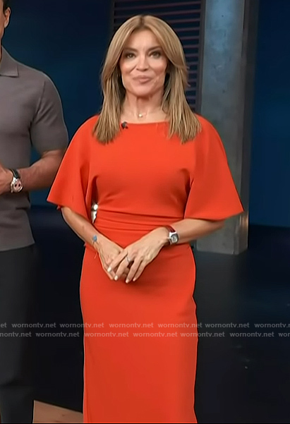 Kit’s red gathered waist dress on Access Hollywood