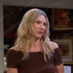 Kristen’s brown textured off-shoulder dress on Days of our Lives