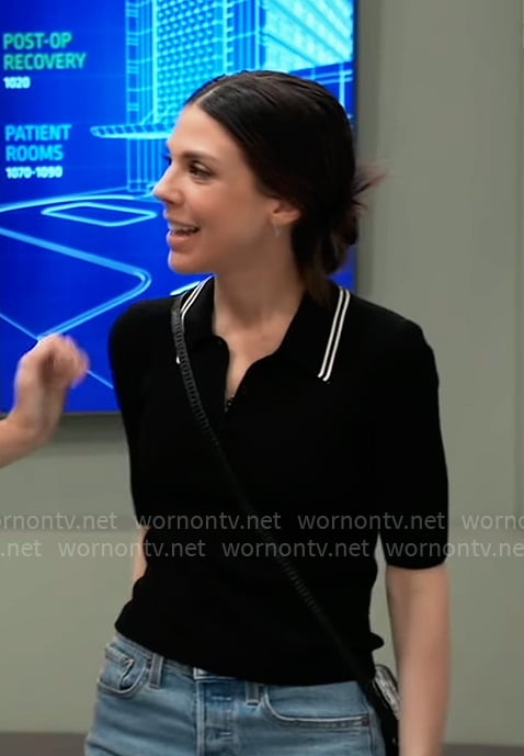 Kristina’s black polo top with striped collar on General Hospital