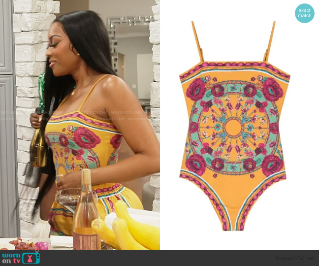 Porsha's yellow floral print swimsuit and pants on The WornOnTV