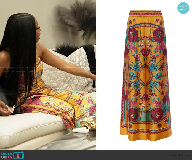 LA DoubleJ Graphic-print silk palazzo pants worn by Porsha Williams on The Real Housewives of Atlanta