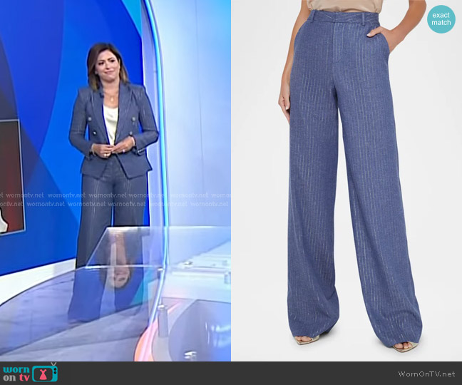 L'Agence Livvy Pinstriped Trouser in Wild Wind/Gold Pinstripe worn by Chloe Melas on Today