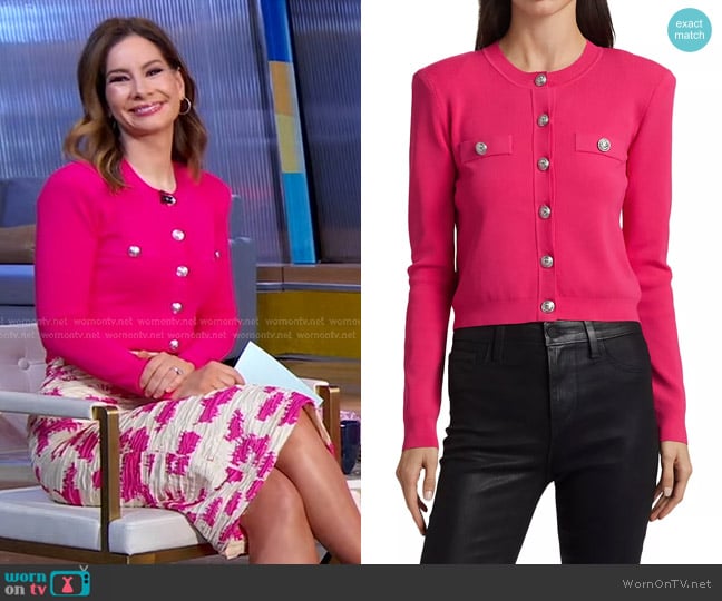 L'Agence Toulouse Crop Cardigan in Ruby Nickel worn by Rebecca Jarvis on Good Morning America