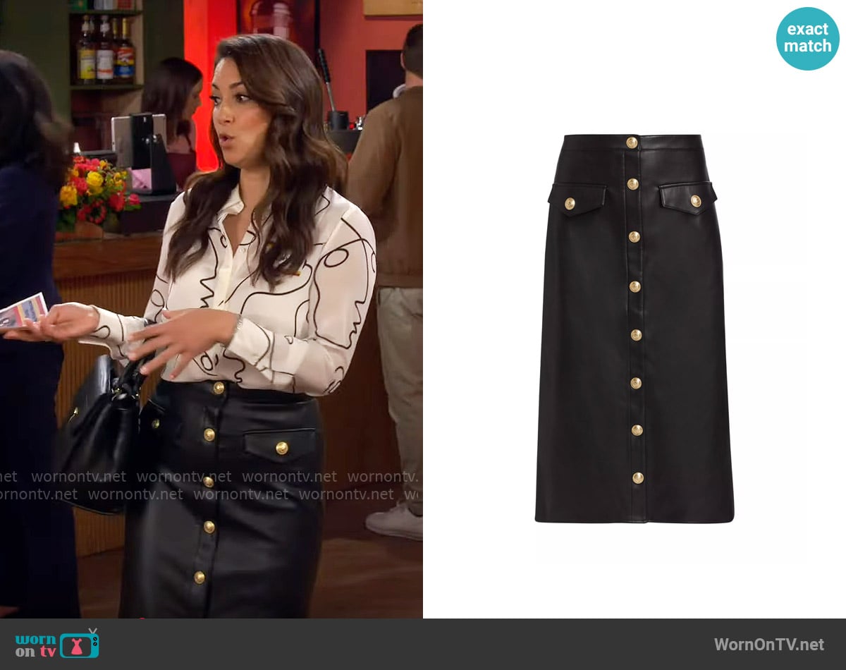 L'Agence Milann Faux Leather Midi-Skirt worn by Lisa Chatsworth (Angelique Cabral) on The Neighborhood