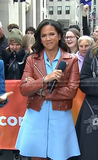 Laura’s brown leather moto jacket on Today