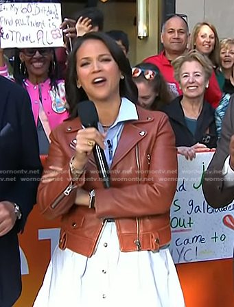 Laura’s brown leather moto jacket on Today