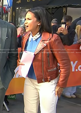 Laura’s brown leather moto jacket on Today