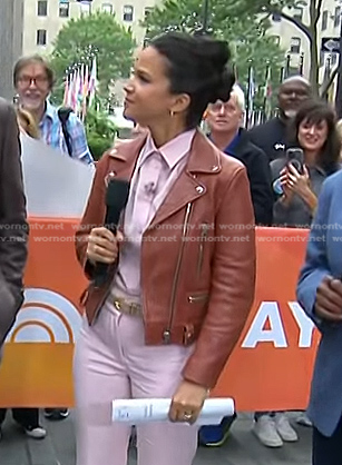 Laura’s brown leather moto jacket on Today