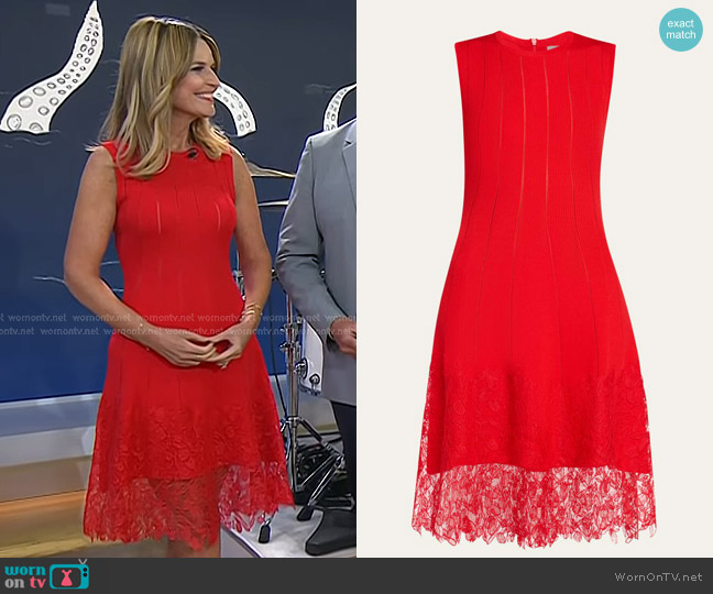 Lela Rose Lace Hem Knit Sleeveless Dress in Poppy worn by Savannah Guthrie on Today