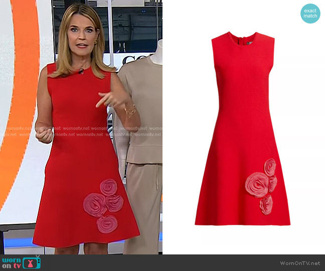 Lela Rose Penelope 3D Floral Tulle-Embellished Midi-Dress in Poppy worn by Savannah Guthrie on Today