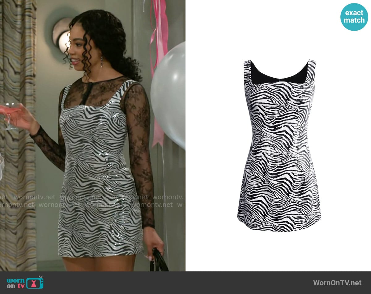 L'Momo Sequined Zebra Print Mini Dress worn by Chelsea Hamilton (RhonniRose Mantilla) on Beyond the Gates