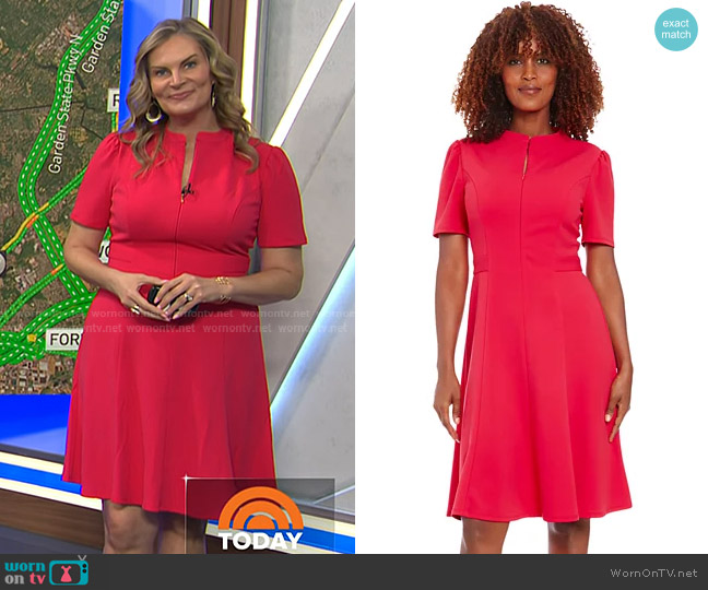 London Times Front Zip Short Sleeve Fit & Flare Dress in Rose Red worn by Emily West on Today