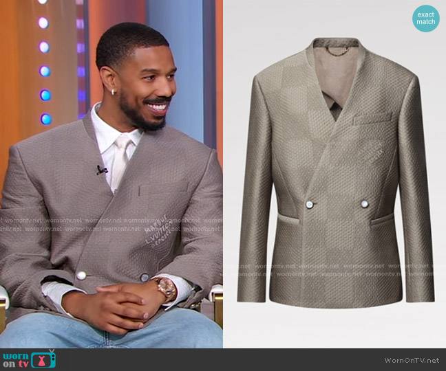 Louis Vuitton Damier Wool-Silk Jacquard Double-Breasted Jacket worn by Michael B. Jordan on Good Morning America
