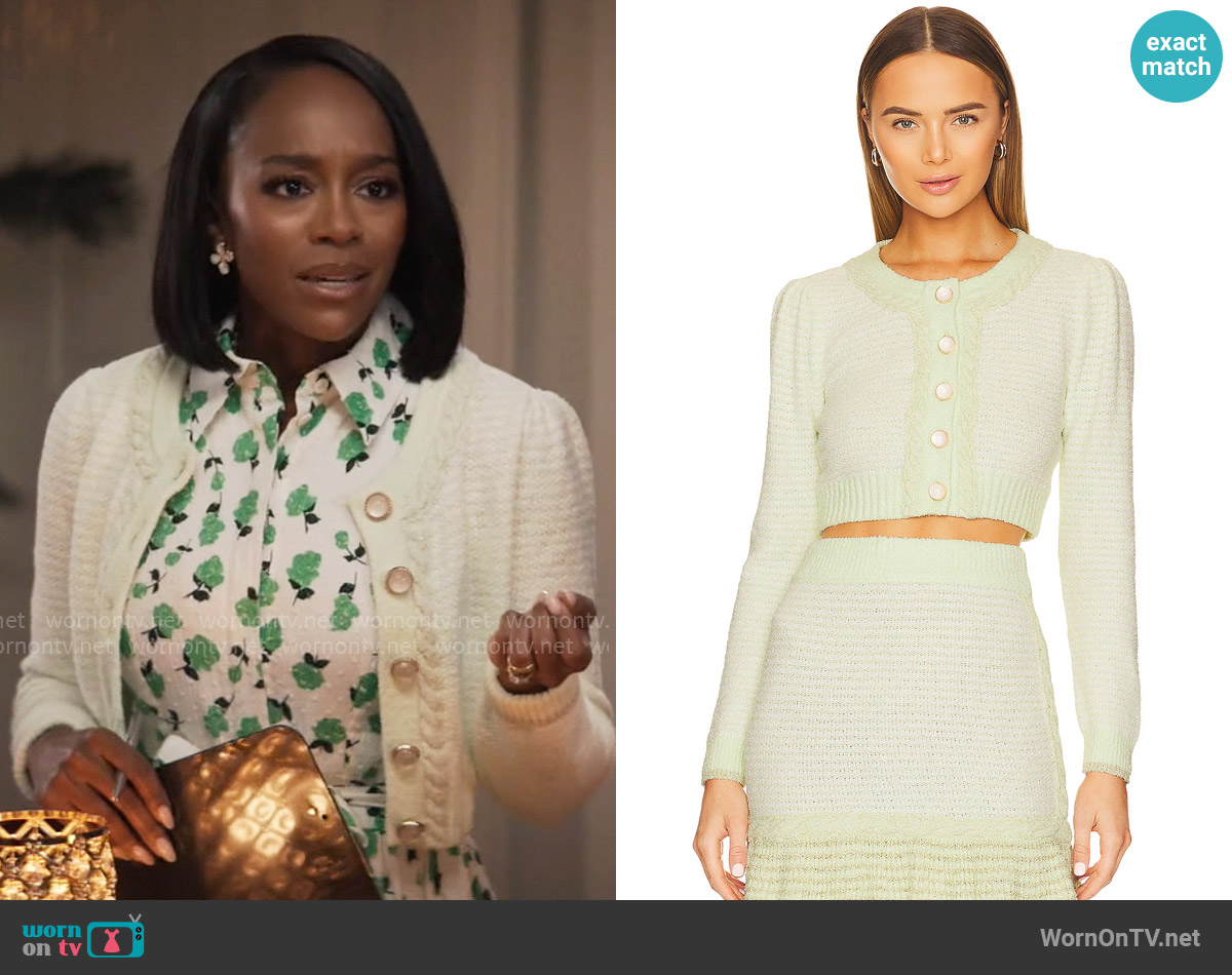 LoveShackFancy Twain Crop Cardigan in Pistachio worn by Catherine (Aja Naomi King) on Grosse Pointe Garden Society