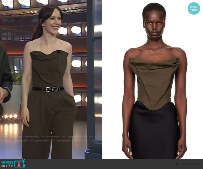 Magda Butrym Brown Draped Strapless Corset worn by Rachel Brosnahan on The Kelly Clarkson Show