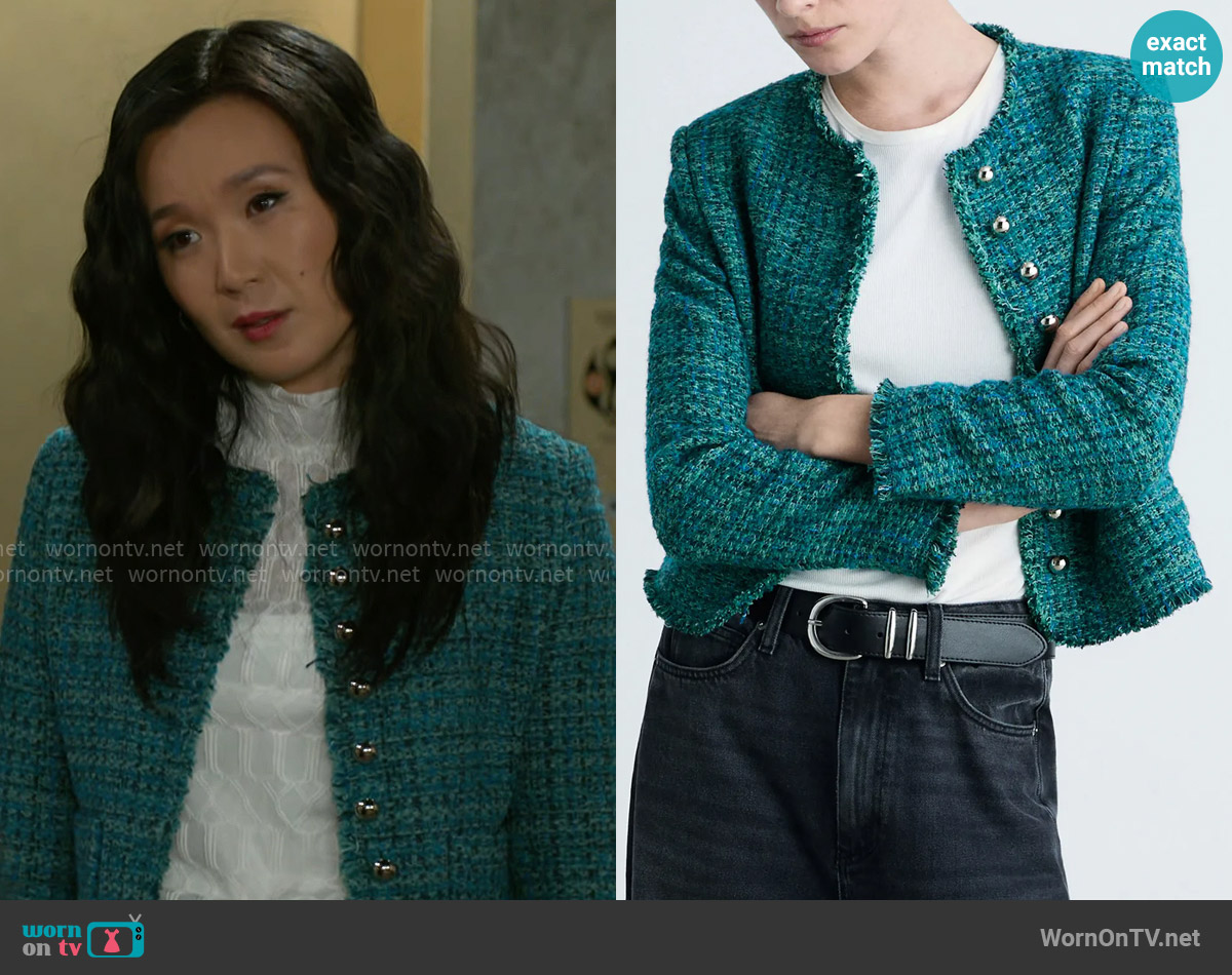 Mango Pocket tweed jacket in Petrol Blue worn by Caroline Lee (Ellie Wang) on Beyond the Gates