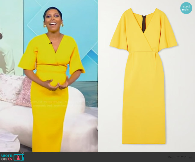 Maticevski Benefit wrap-effect pleated crepe midi dress worn by Tamron Hall on Tamron Hall Show