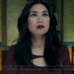Mel’s burgundy rib knit cutout top on The Equalizer