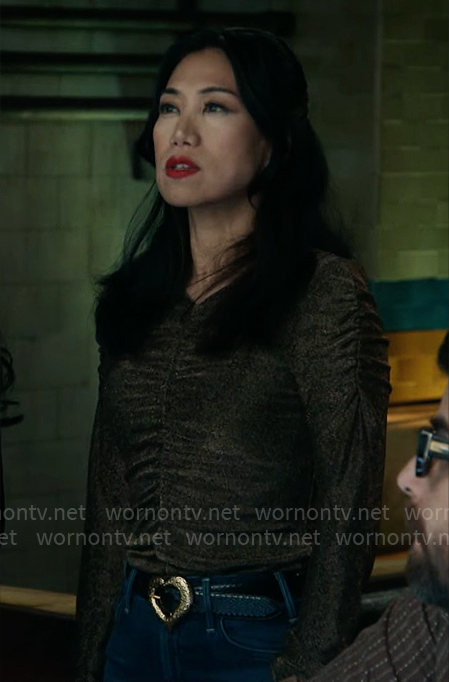 Mel’s metallic ruched front top on The Equalizer