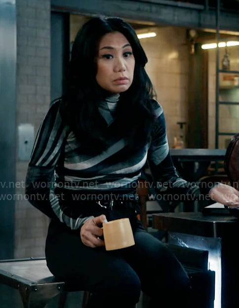 Mel’s striped velvet top on The Equalizer