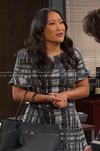 Melinda’s grey plaid dress on Days of our Lives