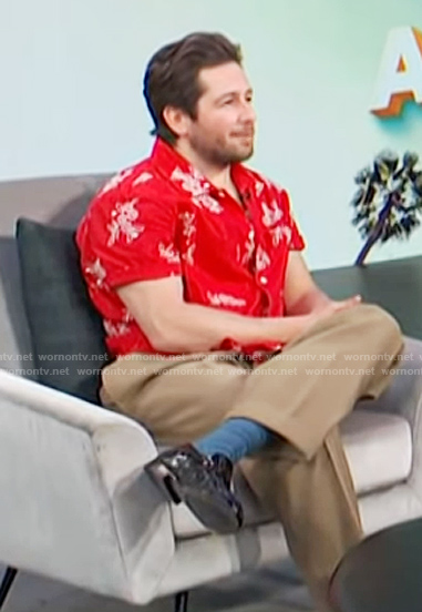 Michael Angarano’s red floral print shirt on Access Hollywood