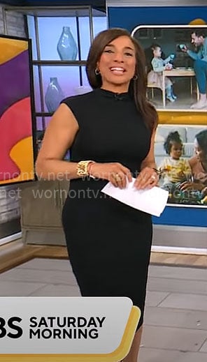 Michelle Miller’s black funnel-neck dress on CBS Mornings
