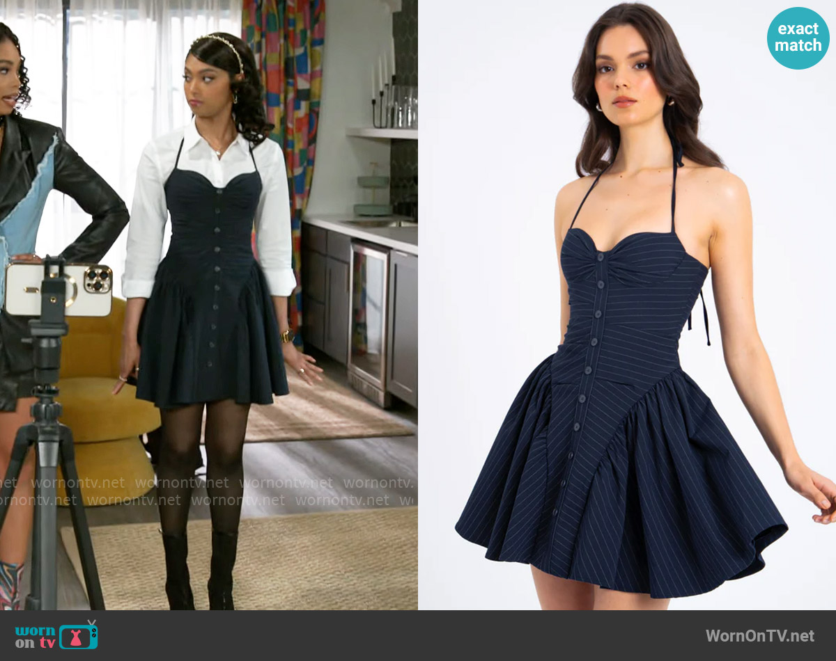 Miss Circle Melody Navy Blue Pinstripe Halter Drop Waist Mini Dress worn by Kat Richardson (Colby Muhammad) on Beyond the Gates