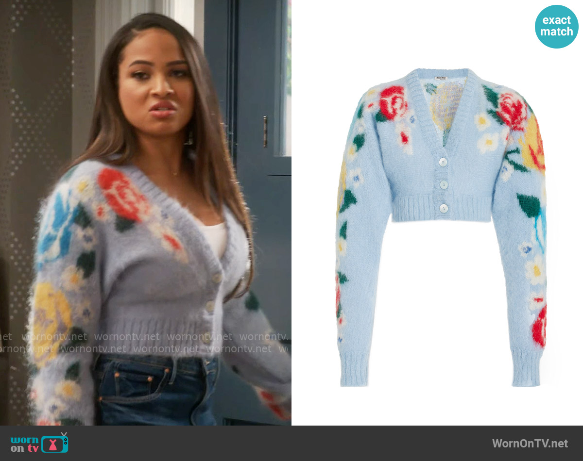 Miu Miu Floral Mohair-Blend Cropped Sweater worn by Natalie (Amara Wayans) on Poppas House