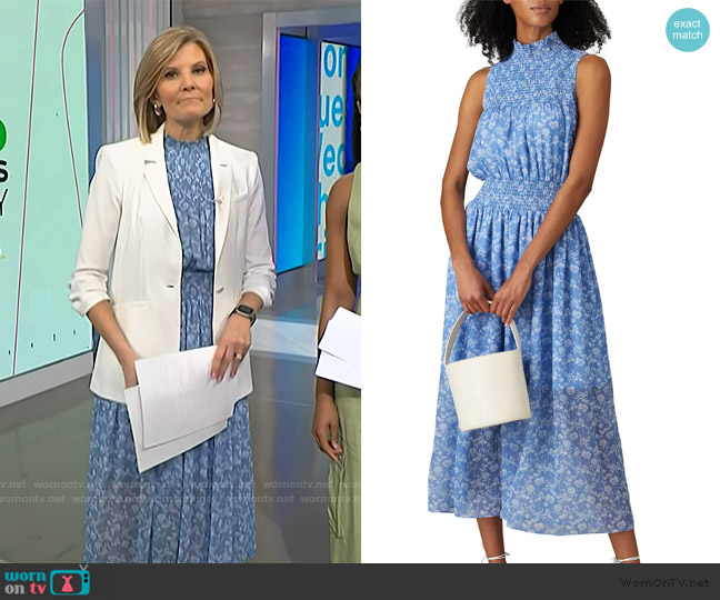 ML Monique Lhuillier Blue Floral Mock Neck Dress worn by Kate Snow on NBC News Daily