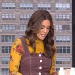 Monica Mangin’s yellow floral mesh top and denim jumpsuit on Live with Kelly and Mark