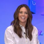 Monica Mangin’s striped cropped shirt and skirt on Live with Kelly and Mark