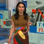 Morgan’s brown gathered top and multicolor print skirt on NBC News Daily