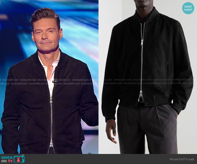 MR P. Suede Bomber Jacket worn by Ryan Seacrest on American Idol