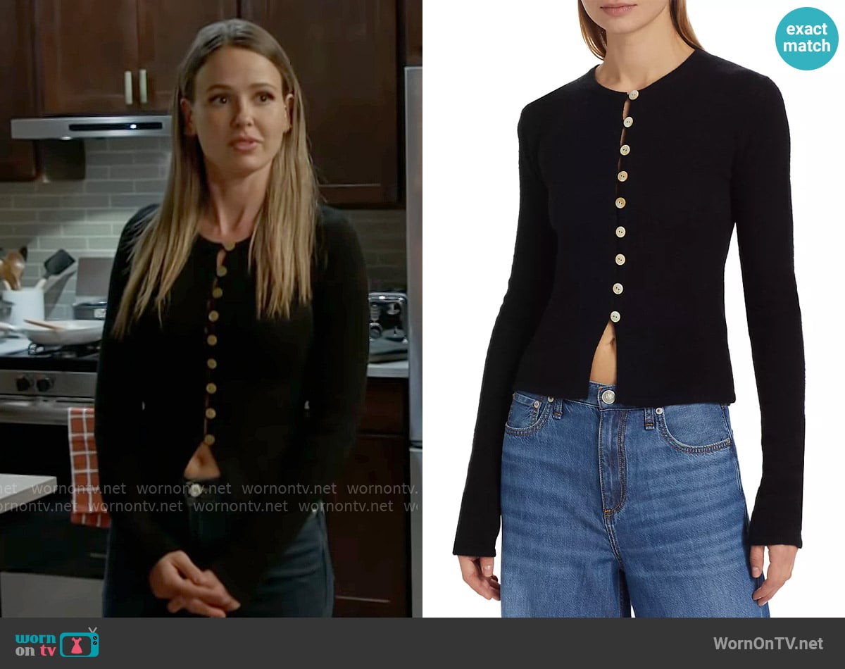 Naadam Cashmere Shell Button Fitted Cardigan worn by Lyla 'Lizzy' Novak (Jocelyn Hudon) on Chicago Fire