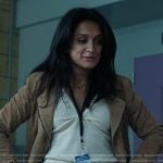 Nadia’s beige suede moto jacket on You