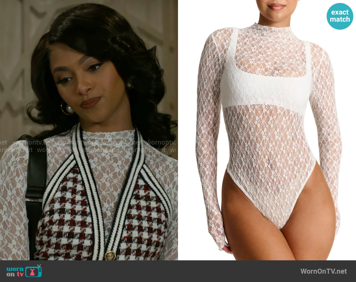 Naked Wardrobe Mock Neck Long Sleeve Lace Bodysuit worn by Kat Richardson (Colby Muhammad) on Beyond the Gates