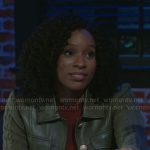 Naomi’s green leather and cable knit jacket on Beyond the Gates